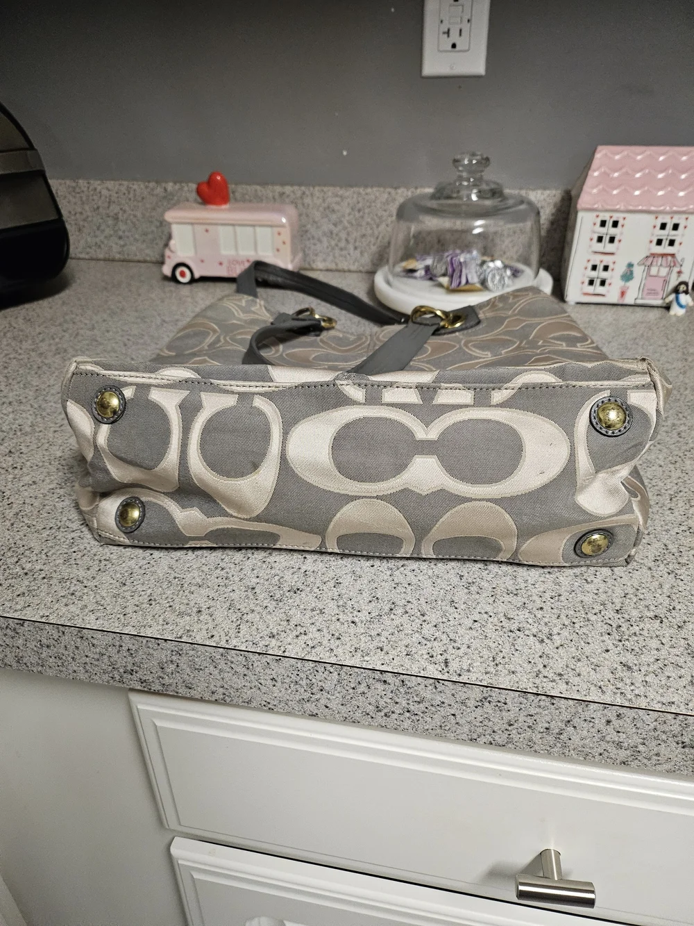 Coach Beige & Gray Signature Tote with Gold Hardware